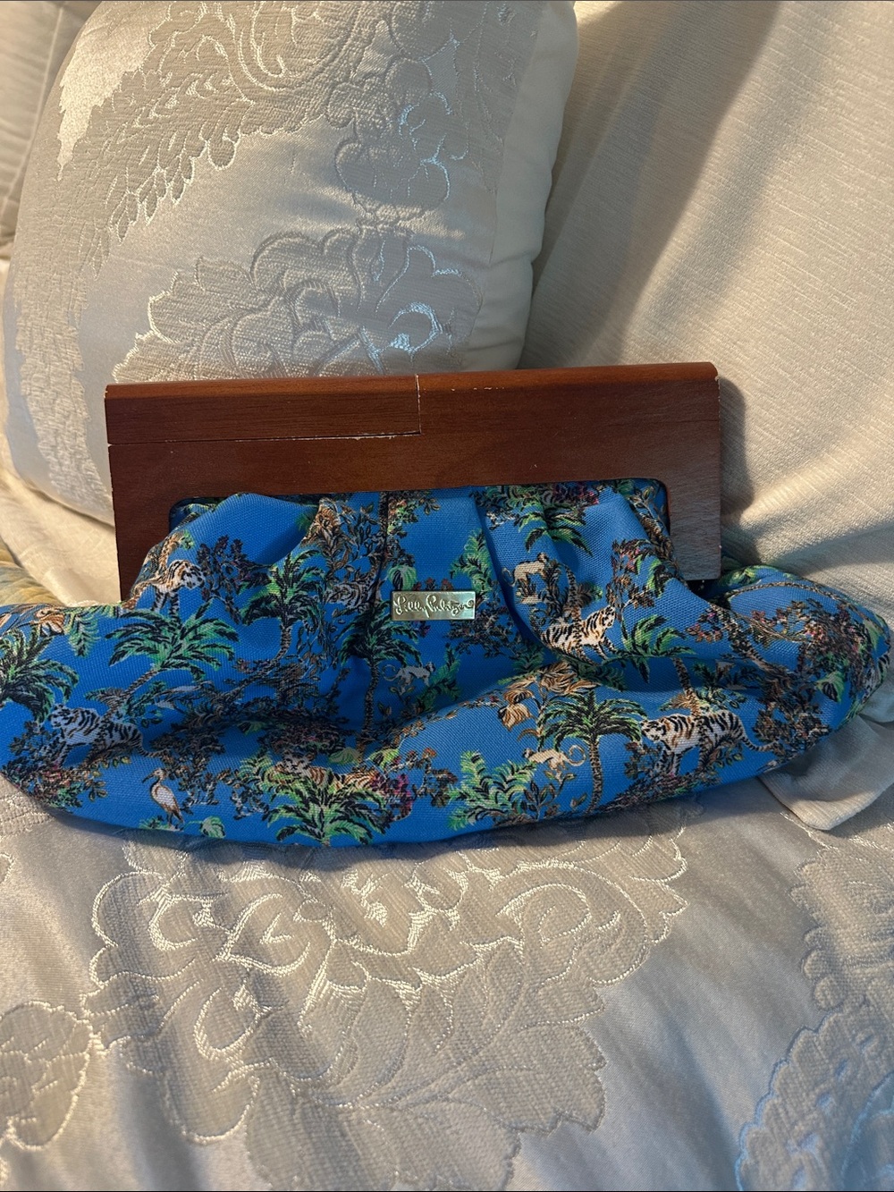 Lilly Pulitzer Blue Tropical Print Wooden Clutch